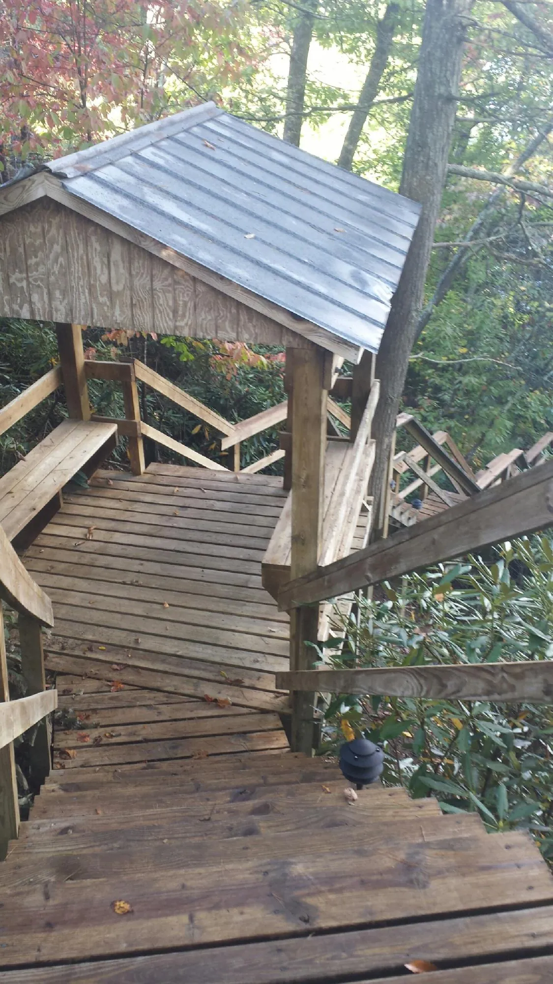 Metal roofed shelter over wooden steps on a wooded walkway — Skylight Repair & Installation work by our crew in Little Elm